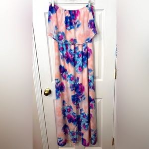 Tye dye pink and purple flowy strapless maxi dress with slit and ruffle top